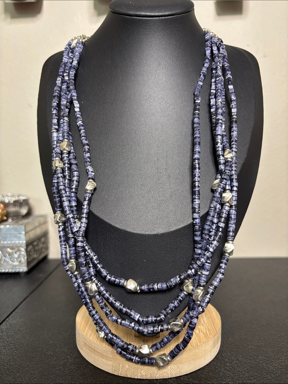 Southwestern Multi-Strand Navy Lapiz Bead Necklace Silver Accent Beads Statement